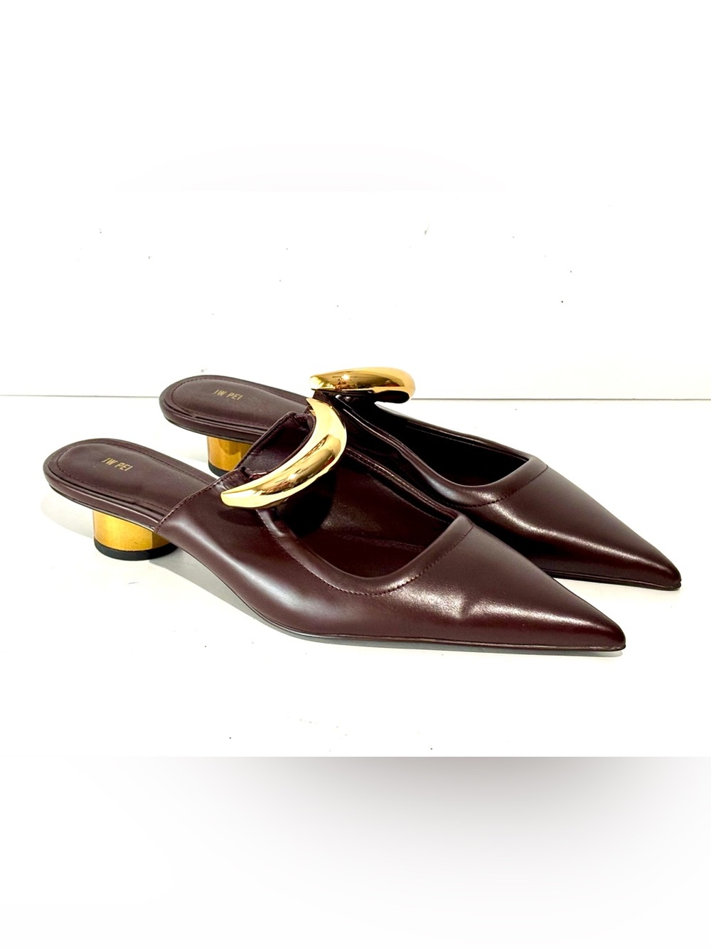 JW PEI Dark Plum Leather Mule with Gold Crescent Accent Size 10